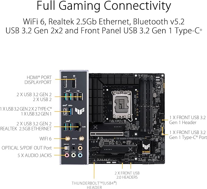 ASUS TUF GAMING B760M-PLUS WIFI D4 Intel(13th and 12th Gen)LGA 1700 mATX motherboard,PCIe 5.0,2xPCIe 4.0 M.2 slots,DDR4,WiFi 6,2.5Gb LAN,USB 3.2 Gen 2x2 Type-C,front USB 3.2 Type-C,Thunderbolt (USB4®) ASUS TUF GAMING B760M-PLUS WIFI D4 Intel(13th and 12th Gen)LGA 1700 mATX motherboard,PCIe 5.0,2xPCIe 4.0 M.2 slots,DDR4,WiFi 6,2.5Gb LAN,USB 3.2 Gen 2x2 Type-C,front USB 3.2 Type-C,Thunderbolt (USB4®)